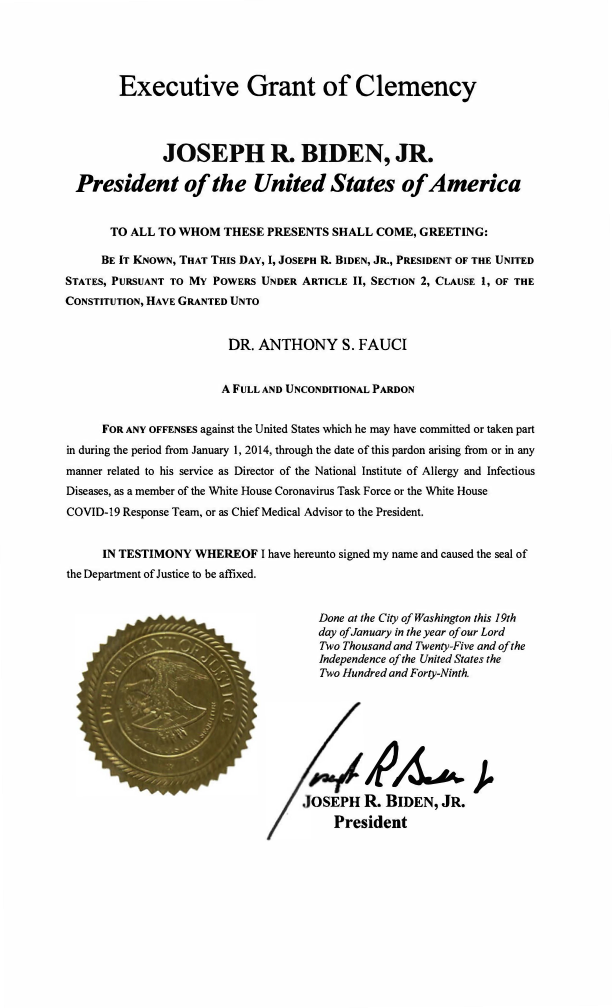 First page of Executive Grant of Clemency — Anthony S. Fauci — Jan. 19, 2025