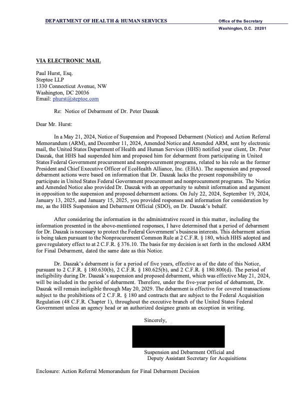 First page of HHS debarment notices — EcoHealth / Daszak — Jan. 17, 2025