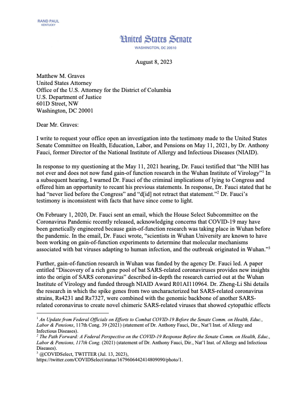 First page of Letter from Sen. Rand Paul to U.S. Attorney Matthew M. Graves (PDF)