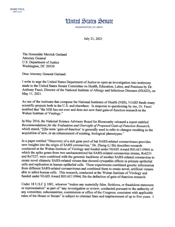 First page of Paul letter to AG Garland — July 21, 2021 criminal referral