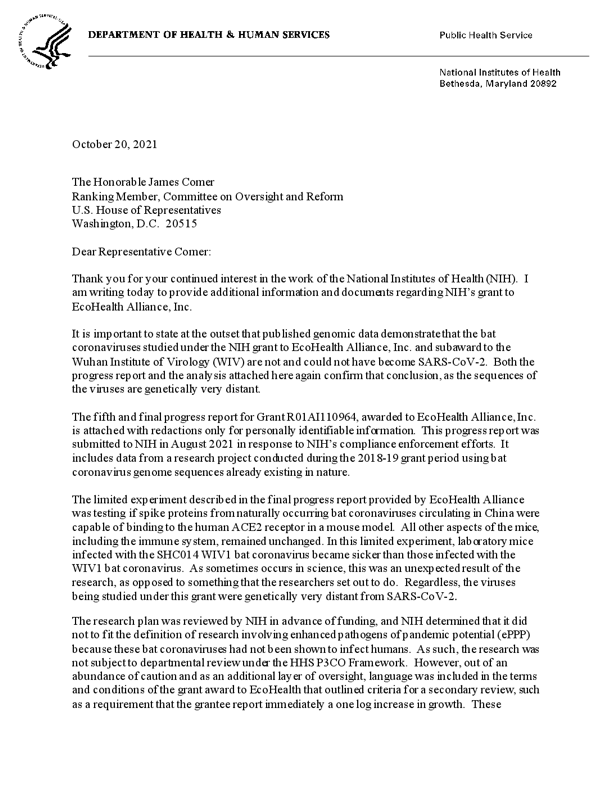 First page of NIH Tabak letter to Comer — Oct. 20, 2021